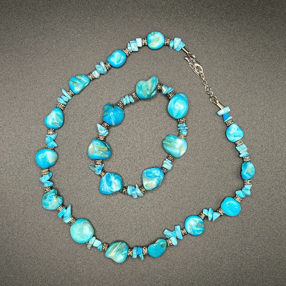 Turquoise Shell Necklace Bracelet Set Chunky Blue Silver Tone Coastal Beachy - Picture 5 of 10